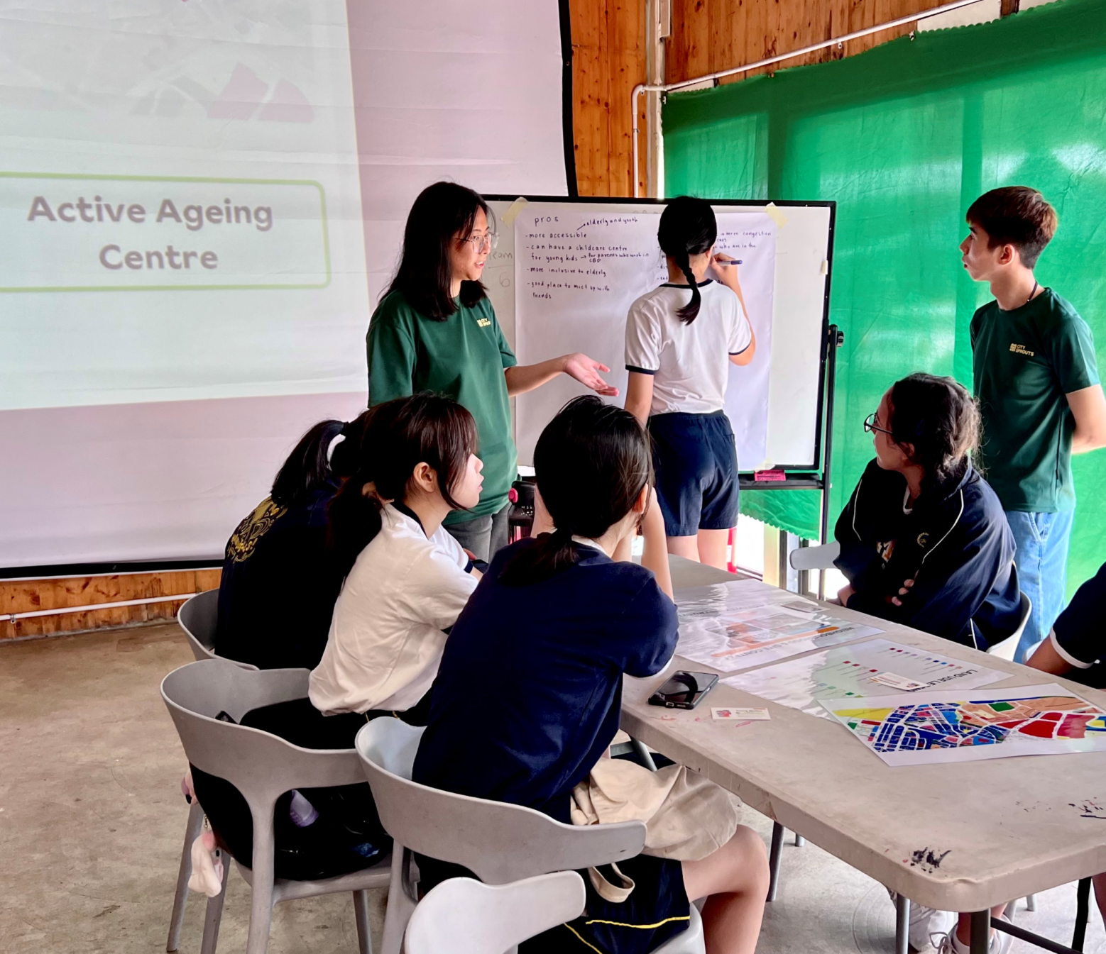 A facilitator explaining content on the board to students.